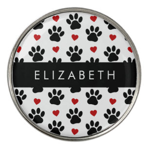 Pattern Of Paws, Black Paws, Red Hearts, Your Name Golf Ball Marker