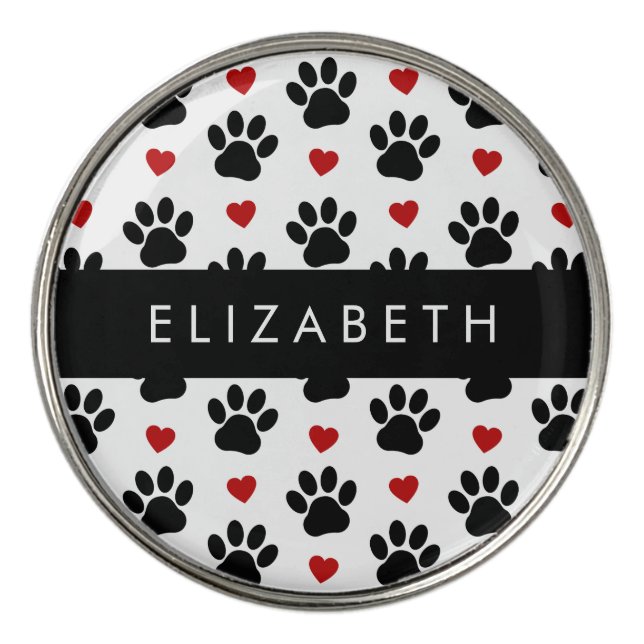 Pattern Of Paws, Black Paws, Red Hearts, Your Name Golf Ball Marker (Front)