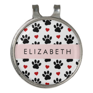 Pattern Of Paws, Black Paws, Red Hearts, Your Name Golf Hat Clip