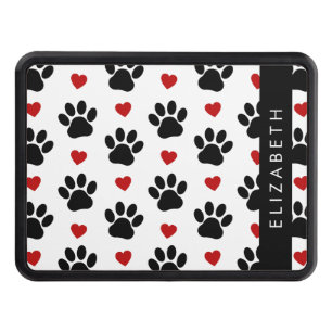 Pattern Of Paws, Black Paws, Red Hearts, Your Name Hitch Cover