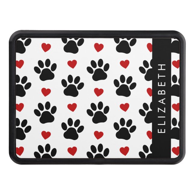 Pattern Of Paws, Black Paws, Red Hearts, Your Name Hitch Cover (Front)
