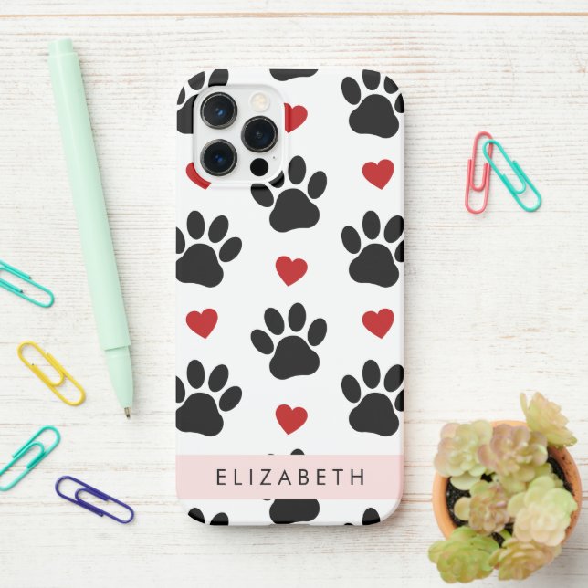 Pattern Of Paws, Black Paws, Red Hearts, Your Name iPhone Case (On Desk)