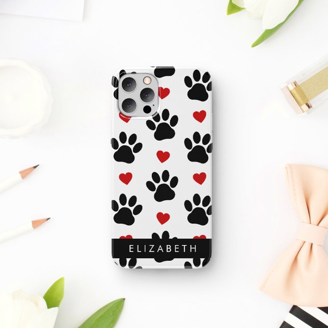 Pattern Of Paws, Black Paws, Red Hearts, Your Name iPhone Case (Creator Uploaded)