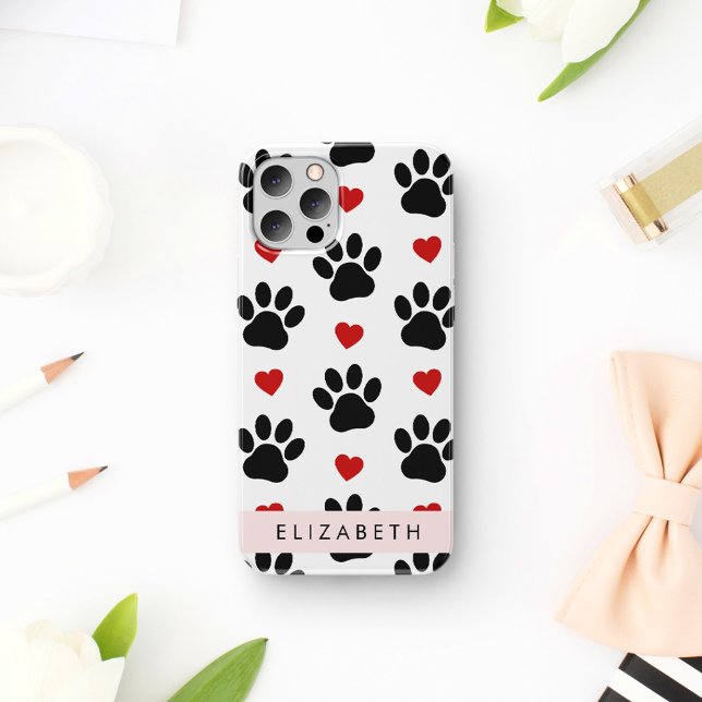 Pattern Of Paws, Black Paws, Red Hearts, Your Name iPhone Case (Creator Uploaded)