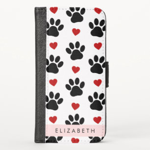 Pattern Of Paws, Black Paws, Red Hearts, Your Name iPhone X Wallet Case
