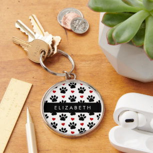 Pattern Of Paws, Black Paws, Red Hearts, Your Name Keychain