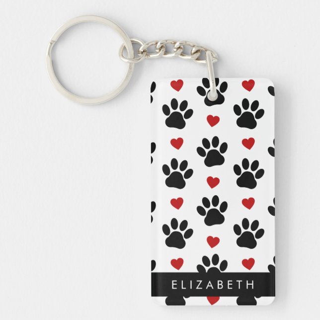 Pattern Of Paws, Black Paws, Red Hearts, Your Name Keychain (Front)