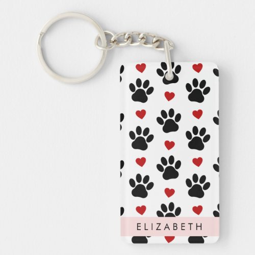 Pattern Of Paws Black Paws Red Hearts Your Name Keychain