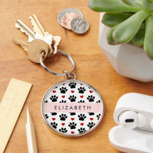 Pattern Of Paws, Black Paws, Red Hearts, Your Name Keychain