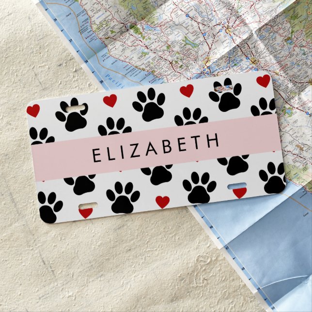 Pattern Of Paws, Black Paws, Red Hearts, Your Name License Plate (In Situ)