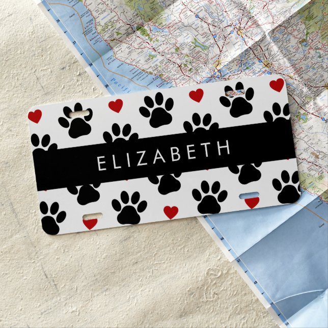 Pattern Of Paws, Black Paws, Red Hearts, Your Name License Plate (In Situ)