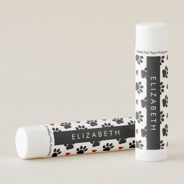 Pattern Of Paws, Black Paws, Red Hearts, Your Name Lip Balm (Front)
