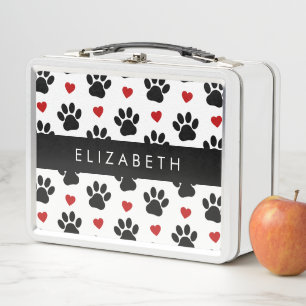 Pattern Of Paws, Black Paws, Red Hearts, Your Name Metal Lunch Box