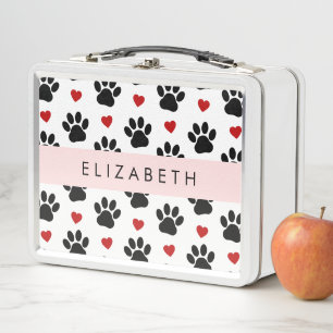 Pattern Of Paws, Black Paws, Red Hearts, Your Name Metal Lunch Box
