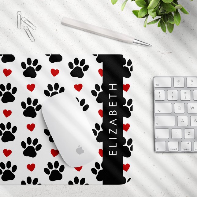 Pattern Of Paws, Black Paws, Red Hearts, Your Name Mouse Pad (Creator Uploaded)