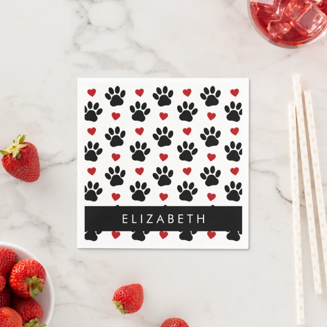 Pattern Of Paws, Black Paws, Red Hearts, Your Name Napkins (Insitu)