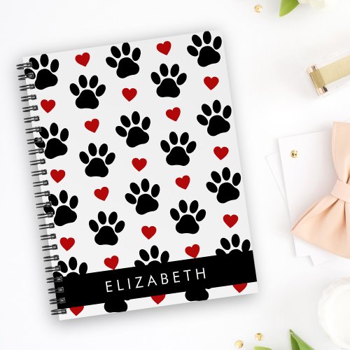 Pattern Of Paws Black Paws Red Hearts Your Name Notebook