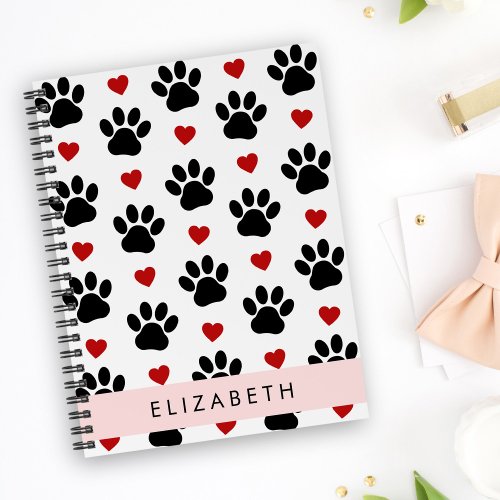 Pattern Of Paws Black Paws Red Hearts Your Name Notebook