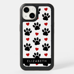 Pattern Of Paws, Black Paws, Red Hearts, Your Name OtterBox iPhone 14 Case