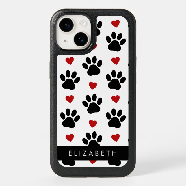 Pattern Of Paws, Black Paws, Red Hearts, Your Name Otterbox iPhone Case (Back)