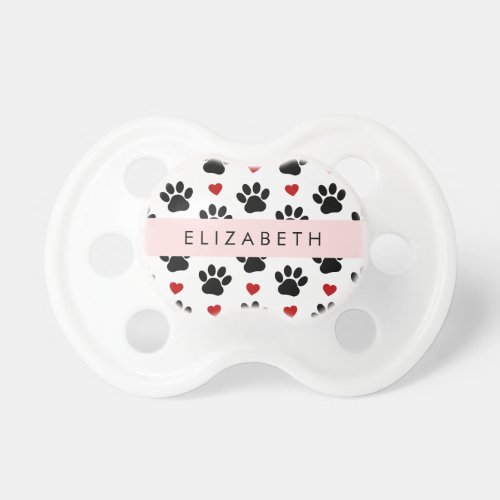 Pattern Of Paws Black Paws Red Hearts Your Name Pacifier