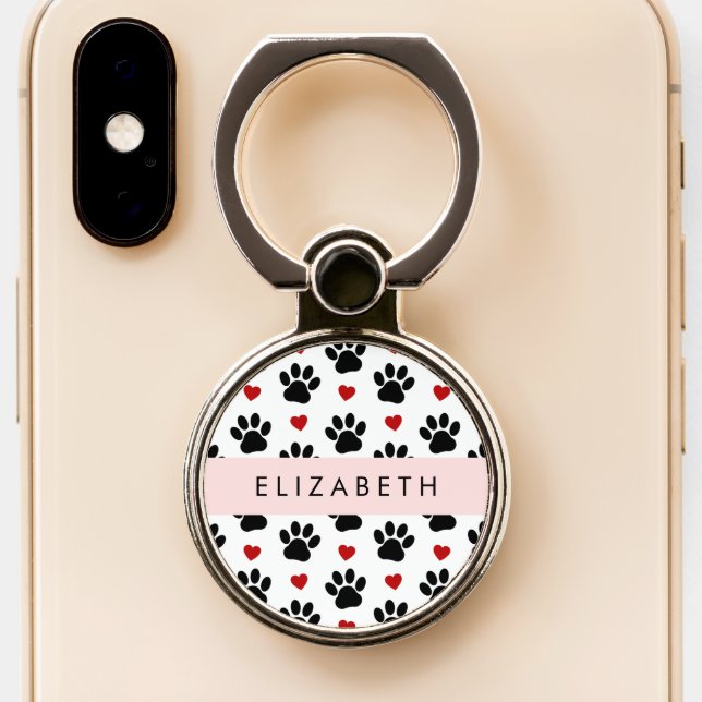 Pattern Of Paws, Black Paws, Red Hearts, Your Name Phone Ring Stand (Close Up)