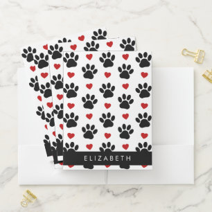 Pattern Of Paws, Black Paws, Red Hearts, Your Name Pocket Folder