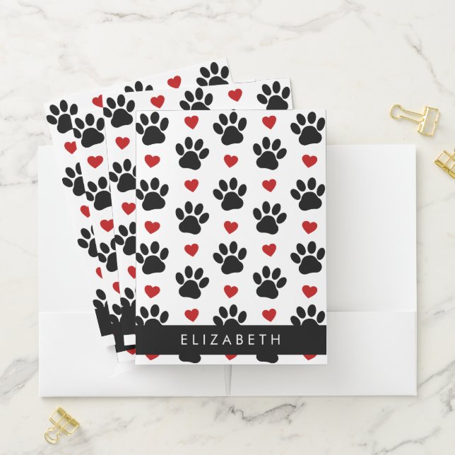 Pattern Of Paws, Black Paws, Red Hearts, Your Name Pocket Folder (In Situ)