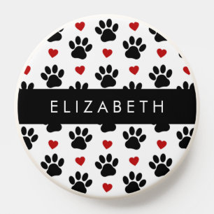 Pattern Of Paws, Black Paws, Red Hearts, Your Name PopSocket