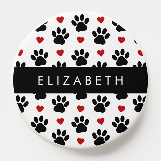 Pattern Of Paws, Black Paws, Red Hearts, Your Name PopSocket (Popsocket)