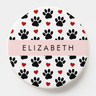 Pattern Of Paws, Black Paws, Red Hearts, Your Name PopSocket