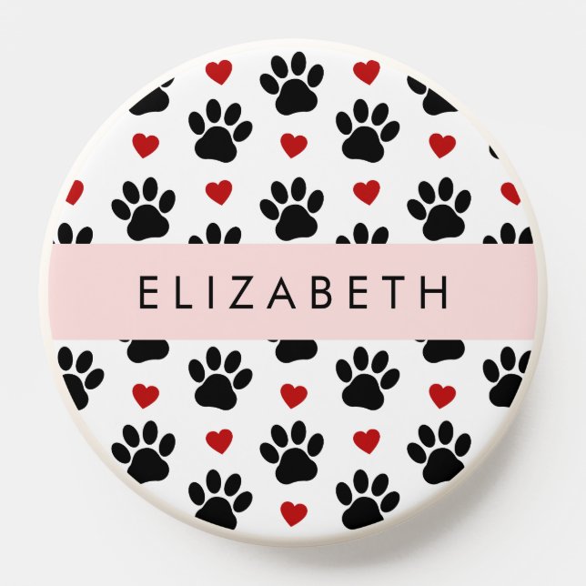 Pattern Of Paws, Black Paws, Red Hearts, Your Name PopSocket (Popsocket)