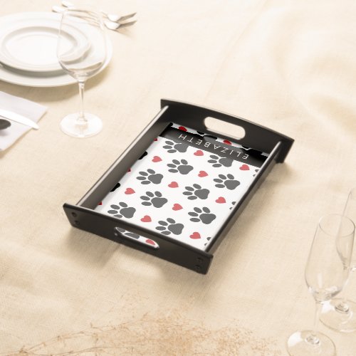 Pattern Of Paws Black Paws Red Hearts Your Name Serving Tray