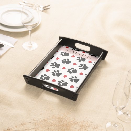 Pattern Of Paws Black Paws Red Hearts Your Name Serving Tray