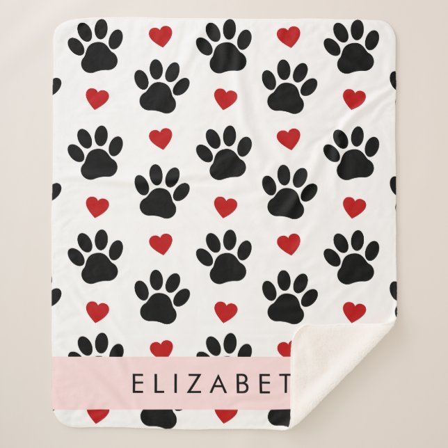 Pattern Of Paws, Black Paws, Red Hearts, Your Name Sherpa Blanket (Front)
