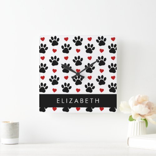 Pattern Of Paws Black Paws Red Hearts Your Name Square Wall Clock