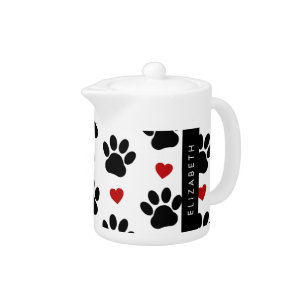 Pattern Of Paws, Black Paws, Red Hearts, Your Name Teapot
