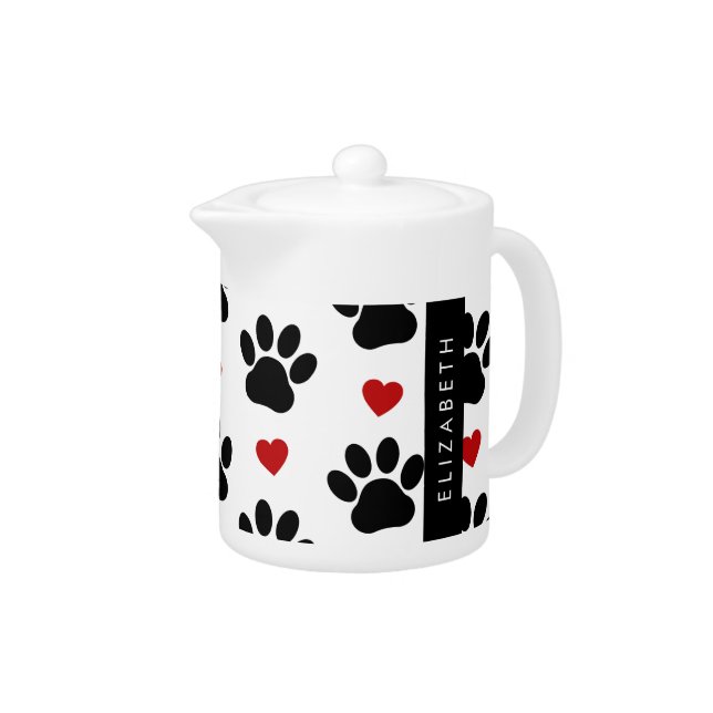 Pattern Of Paws, Black Paws, Red Hearts, Your Name Teapot (Right)