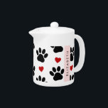 Pattern Of Paws, Black Paws, Red Hearts, Your Name Teapot<br><div class="desc">Cute,  fun and adorable pattern with black paws and red hearts. Modern and trendy gift,  perfect for the dog lover in your life. Personalize by adding your name,  nickname,  monogram or initials.</div>