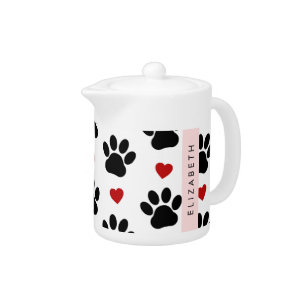 Pattern Of Paws, Black Paws, Red Hearts, Your Name Teapot