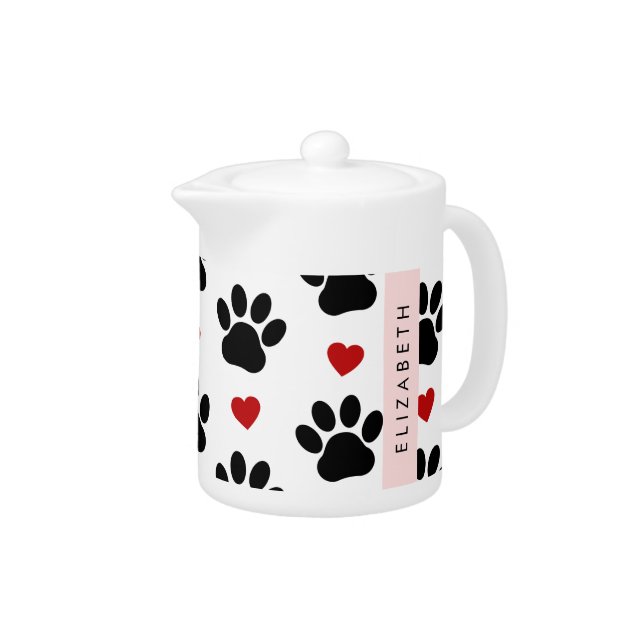 Pattern Of Paws, Black Paws, Red Hearts, Your Name Teapot (Right)