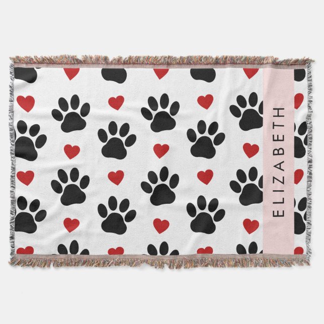 Pattern Of Paws, Black Paws, Red Hearts, Your Name Throw Blanket (Front)