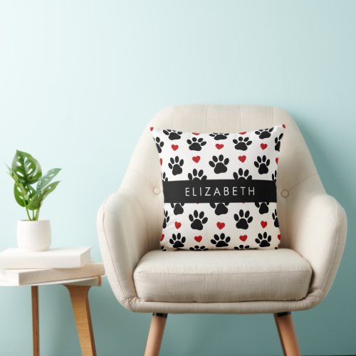 Pattern Of Paws Black Paws Red Hearts Your Name Throw Pillow