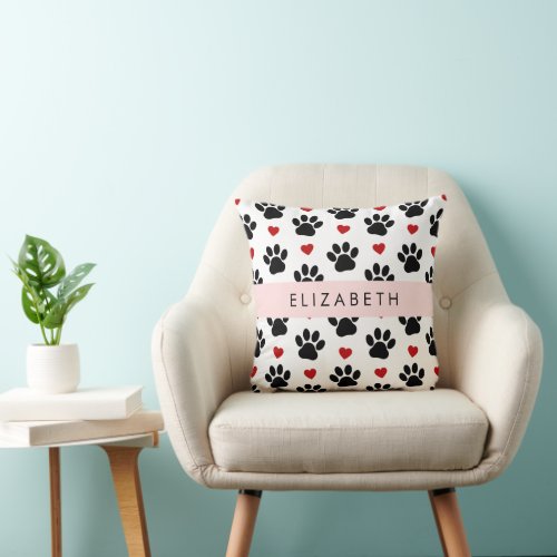 Pattern Of Paws Black Paws Red Hearts Your Name Throw Pillow