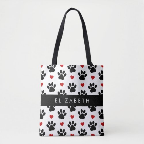 Pattern Of Paws Black Paws Red Hearts Your Name Tote Bag