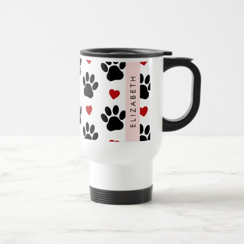 Pattern Of Paws Black Paws Red Hearts Your Name Travel Mug