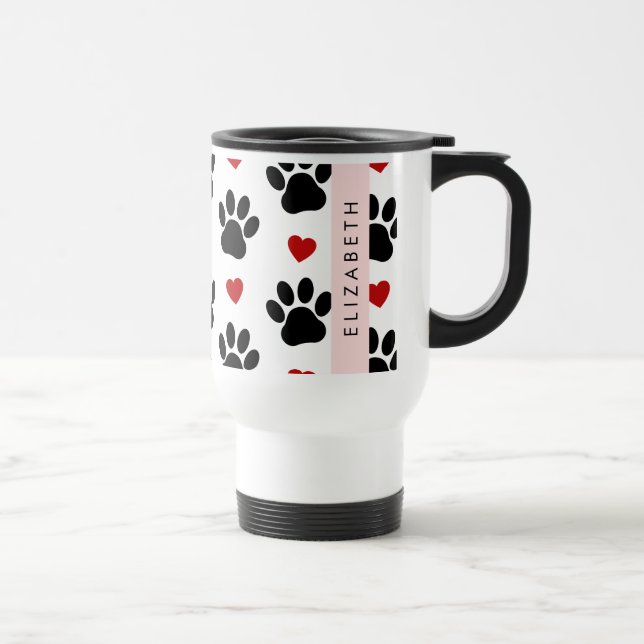 Pattern Of Paws, Black Paws, Red Hearts, Your Name Travel Mug (Right)