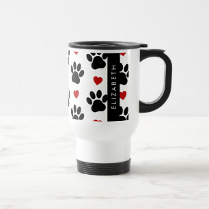 Pattern Of Paws, Black Paws, Red Hearts, Your Name Travel Mug