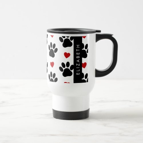 Pattern Of Paws Black Paws Red Hearts Your Name Travel Mug