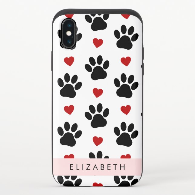 Pattern Of Paws, Black Paws, Red Hearts, Your Name Uncommon iPhone Case (Back)